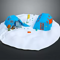 Cartoon Scene With Snowy Ground Blue Tents Little Figures And Items