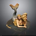 Elegant Mermaid Sculpture With Flowing Golden Hair Holding Large Seashell And Orange Blue Tail