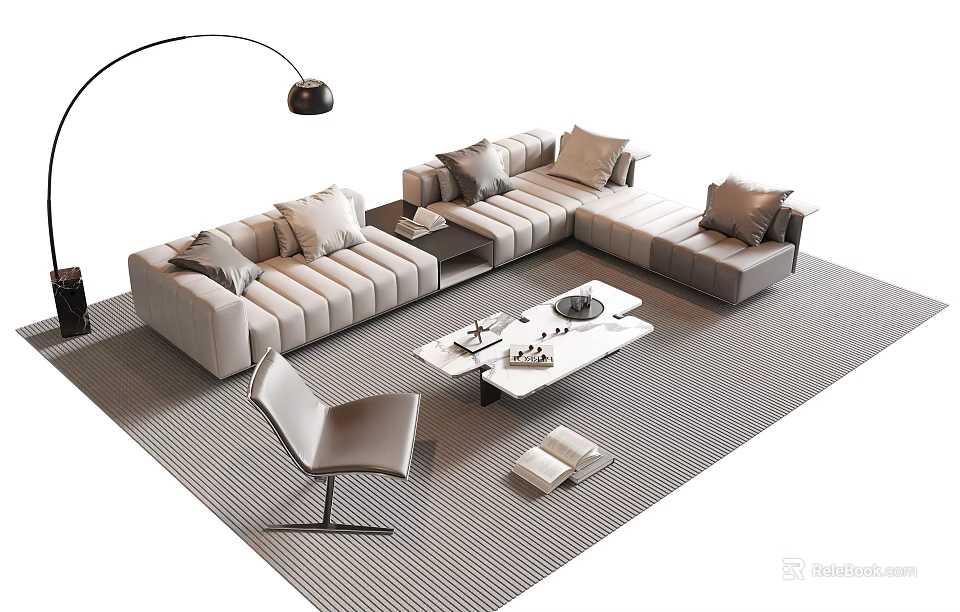 Modern L shaped Sofa and Coffee Table Set With Accent Chair Floor Lamp and Rug 3d model 