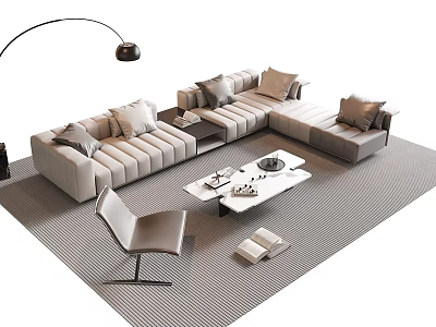 Modern L shaped Sofa and Coffee Table Set With Accent Chair Floor Lamp and Rug 3d model