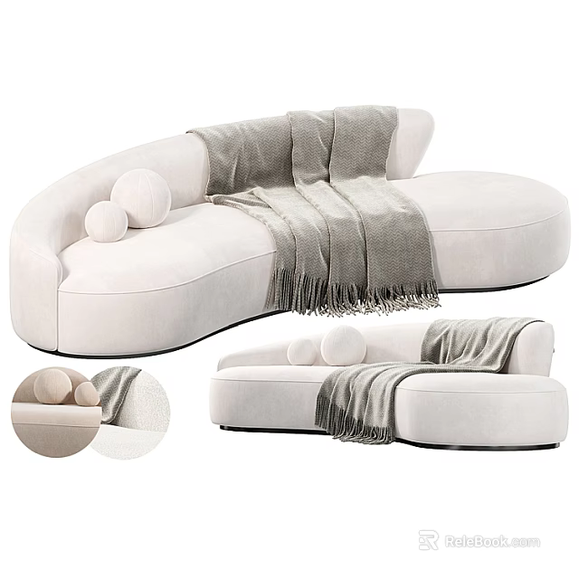 Irregular Shaped Cream Sofa with Gray Throw Blanket and Round Cushions for Modern Living Room 3d model 