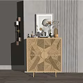 Modern Wooden Sideboard With Geometric Pattern Door And Decorative Items In Interior 3d model