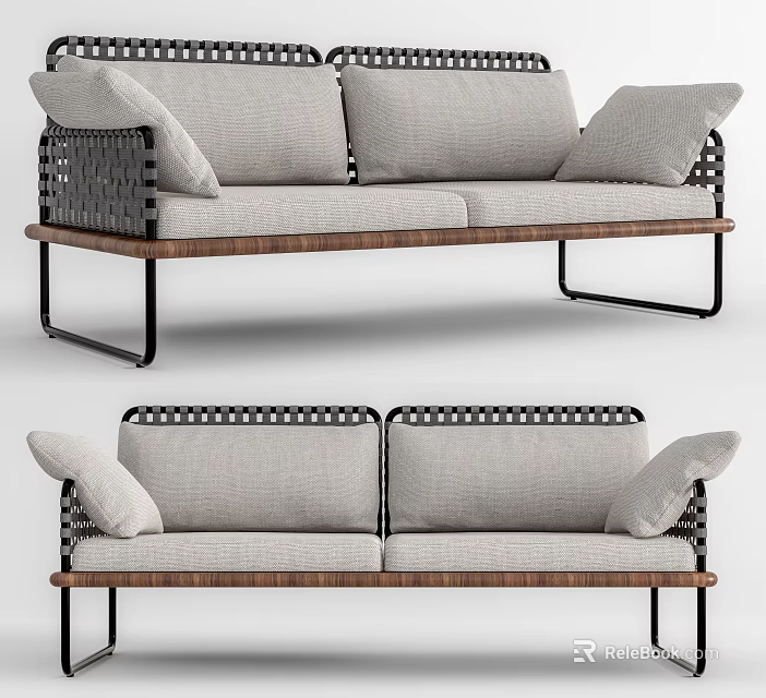 Modern Two Seater Sofa With Linen Cushions Metal Frame And Woven Armrest Details 3d model 