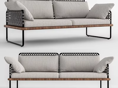 Modern Two Seater Sofa With Linen Cushions Metal Frame And Woven Armrest Details 3d model