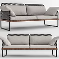 Modern Two Seater Sofa With Linen Cushions Metal Frame And Woven Armrest Details