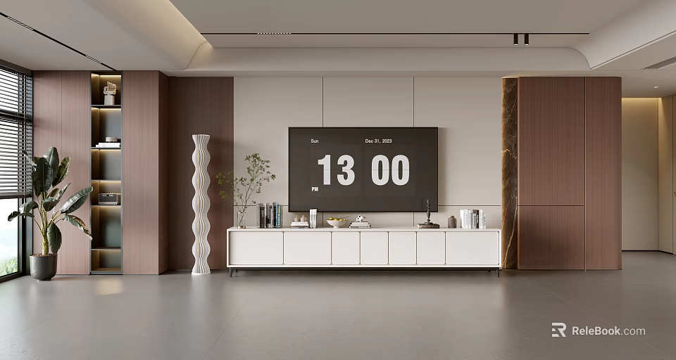Modern Living Room TV Stand With White Storage Cabinets And Decorative Plant 3d model 