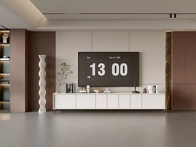 Modern Living Room TV Stand With White Storage Cabinets And Decorative Plant 3d model