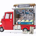 Red Ice Cream Cart With Delicious Sign And Street Vendor Setup