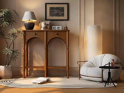 Wooden Console Table In Cozy Entryway With Lamp Decorations Potted Plant And Accent Chair Rug 3d model