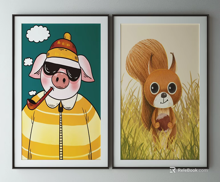 Cute Pig In Sunglasses With Pipe And Squirrel In Grass Wall Art Illustrations 3d model 