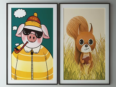 Cute Pig In Sunglasses With Pipe And Squirrel In Grass Wall Art Illustrations 3d model