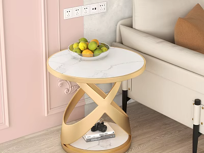 Round Coffee Table With Marble Top Gold Cross Base And Fruit Bowl By Beige Sofa 3d model