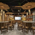 Warm Traditional Restaurant Interior With Wooden Structures Hanging Lanterns Green Plants And Seating Area