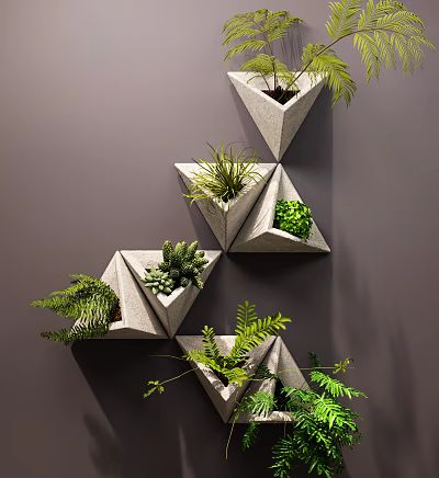 Modern Indoor Plant Combination With Wall Mounted Triangular Planters And Green Plants 3d model