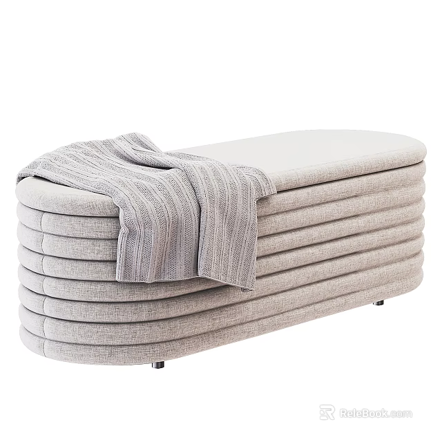 Light Gray Layered Ottoman With Soft Padded Surface And Striped Blanket 3d model 