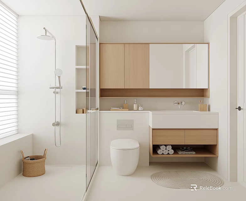 Modern Bathroom Design Featuring Glass Shower Door Wooden Vanity Mirror And Toilet 3d model 