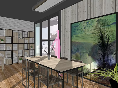 Modern Café Interior With Large Windows Wooden Walls Long Table Metal Chairs GreenToned Painting Bookshelves 3d model