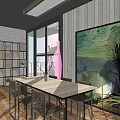 Modern Café Interior With Large Windows Wooden Walls Long Table Metal Chairs GreenToned Painting Bookshelves