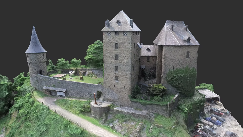 Medieval European Castle with Tall Towers and Stone Walls Surrounded by Green Lawns and Trees 3d model 