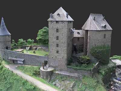 Medieval European Castle with Tall Towers and Stone Walls Surrounded by Green Lawns and Trees 3d model