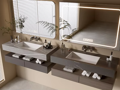 Elegant Modern Bathroom Vanity With Marble Countertop Double Sink LED Mirror And Towel Storage 3d model