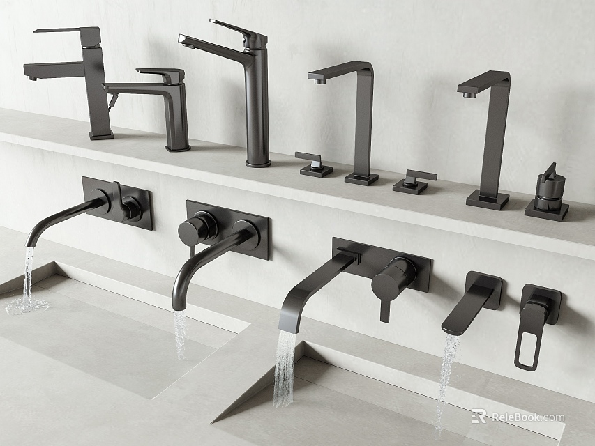 Various Matte Black Water Faucets With Running Water On White Countertop 3d model 