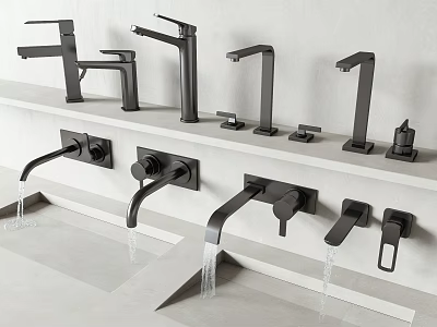 Various Matte Black Water Faucets With Running Water On White Countertop 3d model