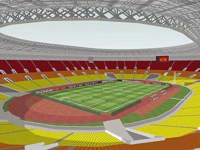 Football Stadium Interior With Red And Yellow Seats Green Pitch Running Track And Steel Roof 3d model