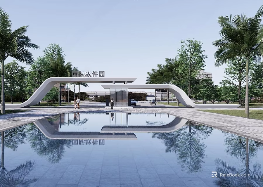 Modern Entrance Gate Design With Palm Trees Pool And Garden Reflection 3d model 