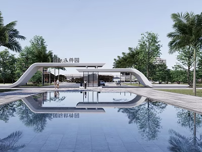 Modern Entrance Gate Design With Palm Trees Pool And Garden Reflection 3d model
