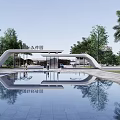 Modern Entrance Gate Design With Palm Trees Pool And Garden Reflection