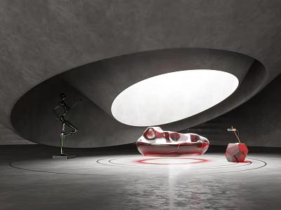 Abstract Sofa Interior Design In Modern Space With Circular Lighting And Sculptural Decor 3d model