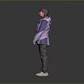 A Woman In Gray Background Wearing Purple White Jacket Black Top Dark Pants White Shoes