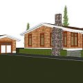 Single Story Wooden House With Orange Roof Stone Chimney Green Lawn And Pine Trees