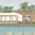 Bamboo Pavilion Structures With Water Feature Greenery And White Wall Background 3d model