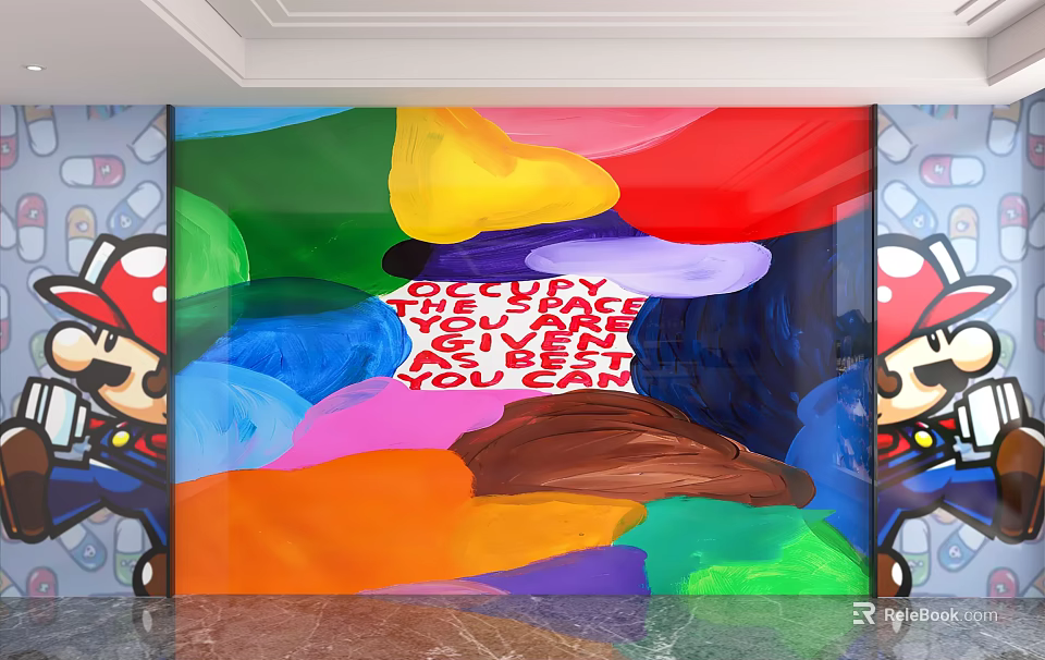 Colorful Abstract Art Background Wall With Mario Characters And Graffiti Design 3d model 