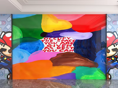 Colorful Abstract Art Background Wall With Mario Characters And Graffiti Design 3d model