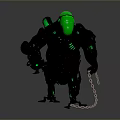 Mechanical Creature Character With Green Head Black Armor Glowing Accents And Chain