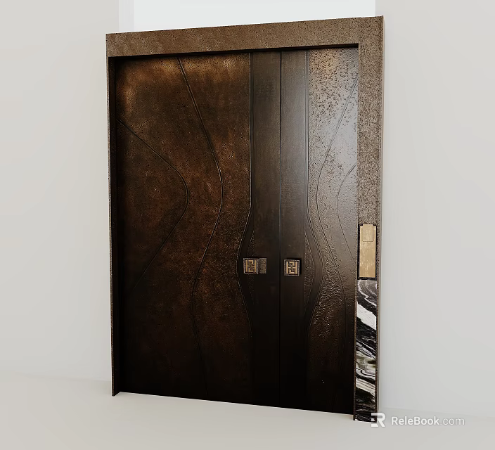 Elegant Bronze Entrance Door With Carved Patterns Metal Handles Dark Frame And Marble Inlay 3d model 
