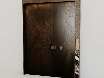 Elegant Bronze Entrance Door With Carved Patterns Metal Handles Dark Frame And Marble Inlay 3d model
