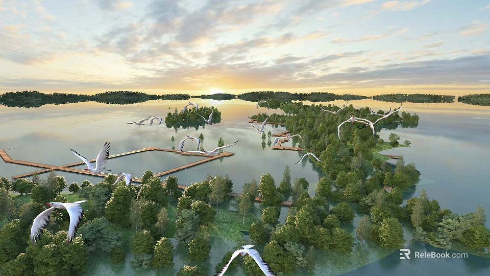 Scenic Lake Landscape With Sunset Islands Flying Birds And Wooden Walkways 3d model 