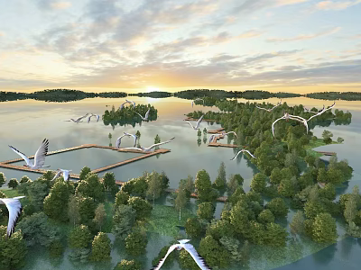 Scenic Lake Landscape With Sunset Islands Flying Birds And Wooden Walkways 3d model