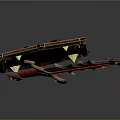 Red Sword With Silver Gold Accents Leaning On Brown Wooden Shield With Ornate Design