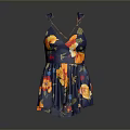 Women's Dark Blue Floral Dress With Yellow Red Flowers Spaghetti Straps V Neck Design