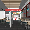 Casual Restaurant Interior with Red Walls Arched Windows Menu Boards Order Counter and Pendant Lights