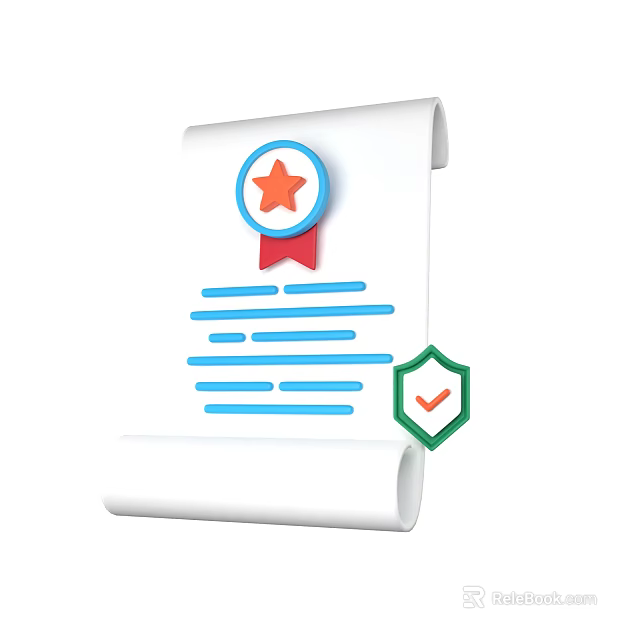 Professional Folder Design With Rolled Document Red Star Badge Blue Lines And Green Shield Checkmark 3d model 
