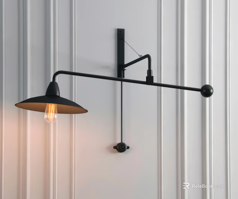 Black Adjustable Wall Sconce Long Arm Conical Shade with Edison Bulb on White Striped Wall 3d model 
