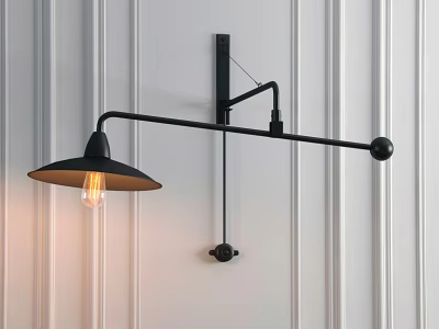 Black Adjustable Wall Sconce Long Arm Conical Shade with Edison Bulb on White Striped Wall 3d model