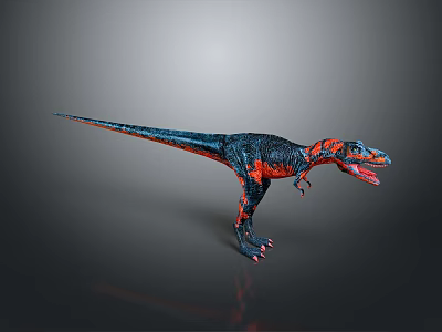 Colorful Blue Black And Orange Red Dinosaur Standing With Open Mouth On Reflective Ground 3d model
