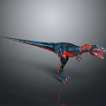 Colorful Blue Black And Orange Red Dinosaur Standing With Open Mouth On Reflective Ground